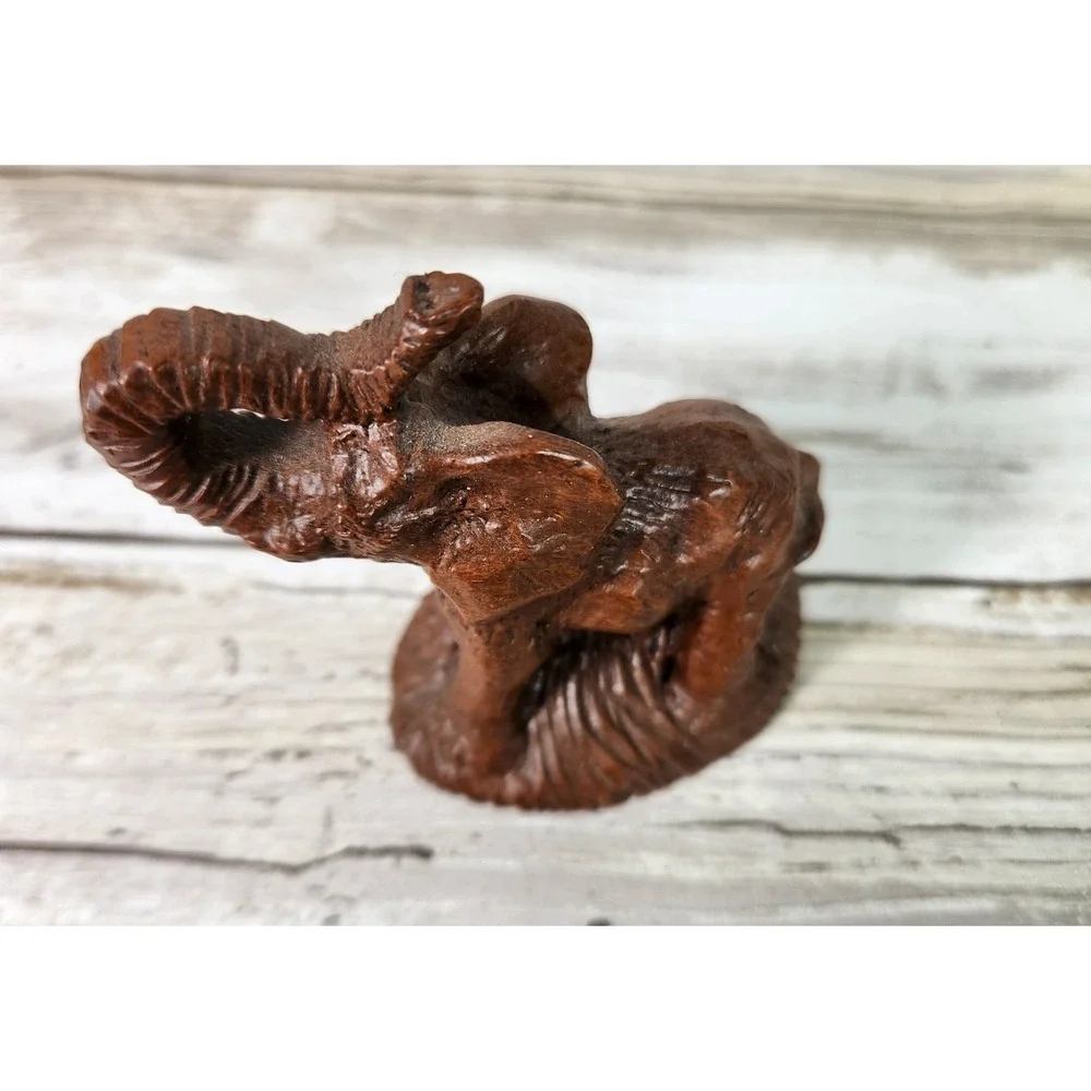 Carved Baby Elephant Raised Trunk‎ Miniature Brown Figurine Statue Safari